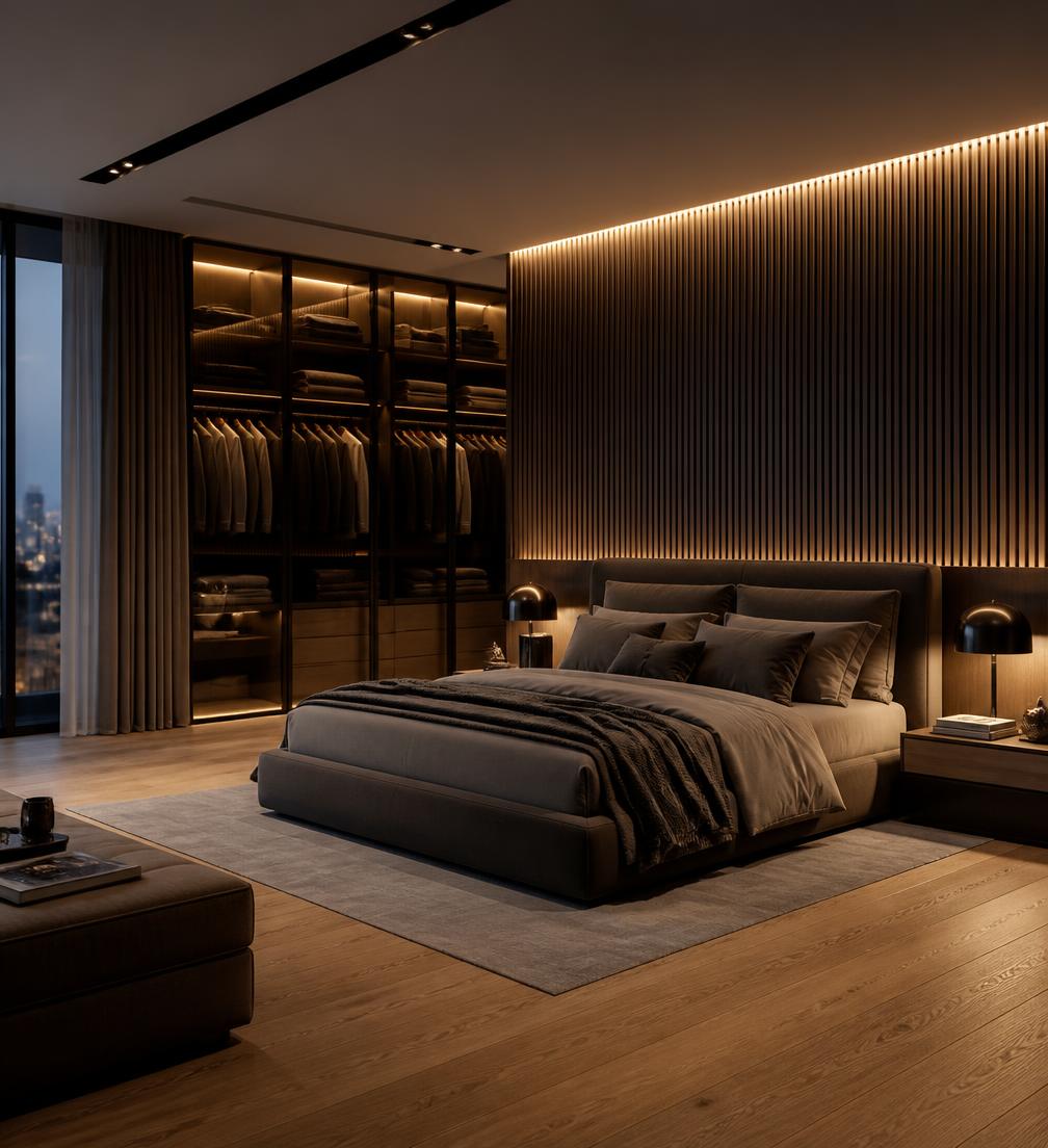 Luxury bedroom with fluted wood panelling and glass wardrobe by Likrova