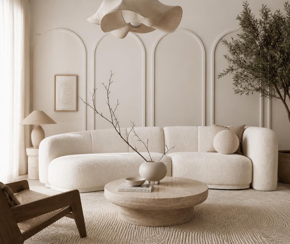 Minimal beige living room with curved sofa and arch panelling